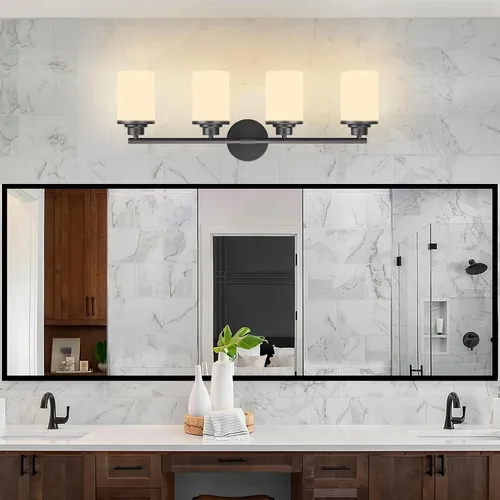 Vista 9 de Lámparas de baño, luces de baño negras mate, luz de tocador de 4 luces sobre espejo, moderna lámpara de tocador con vidrio esmerilado