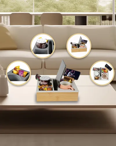 Vista 5 de Bandeja con Soporte para Tazas de Sofá, Caddy de Bambú de Silicona Hitseon con Soporte Giratoria para Teléfono para Cama y Asiento de Coche