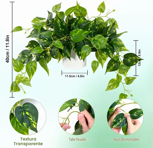Vista 3 de Waipfaru Plantas artificiales para interiores, plantas artificiales realistas colgantes con macetas de plástico, potos artificiales para el hogar