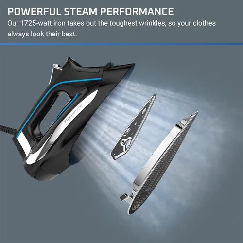 Vista 9 de Rowenta, Plancha de vapor de acero inoxidable Smart Temp para ropa, 380 agujeros de microvapor, planchado de 1725 vatios, apagado automático
