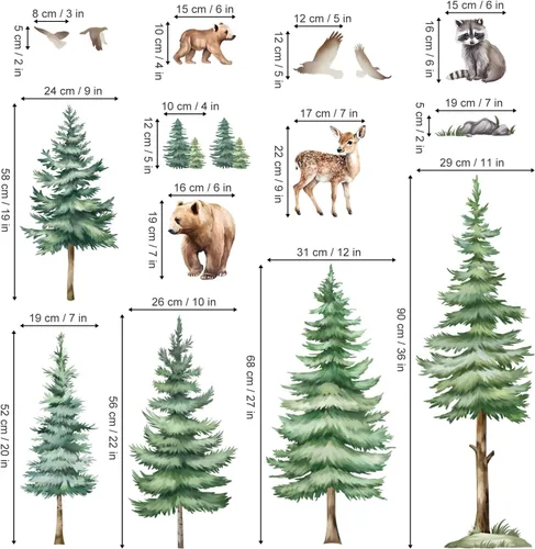 Vista 4 de decalmile Calcomanías de pared de pino grande, diseño de oso de bosque, decoración de pared para habitación de niños, habitación de niños