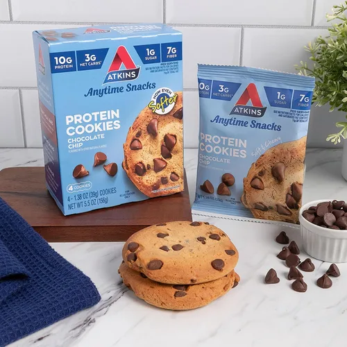 Vista 4 de Atkins Galleta de proteína con chispas de chocolate, postre proteico, rico en fibra, 0.11 onzas de carbohidratos netos, 0.04 oz de azúcar, apto