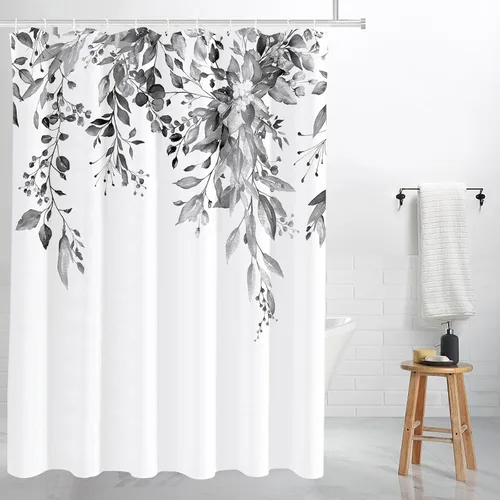 Vista 42 de Tititex - Juego de cortinas de ducha de eucalipto negro, hojas de acuarela gris en la parte superior, con decoración floral de baño, 60 x 72