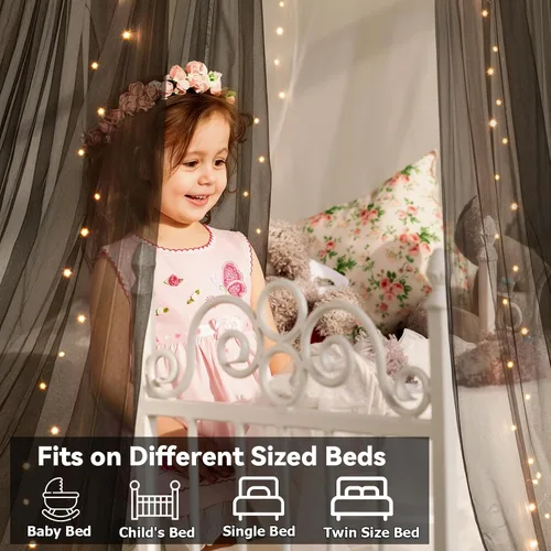 Vista 5 de Dosel de Cama con Luces, Dosel de Cama para Niñas Princesa con Estrellas Luminosas, Cortinas de Cama con Dosel para Camas de Individual a King