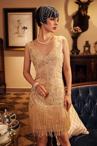 Vista 3 de BABEYOND Vestido de mujer con estilo charlestón de los años 20, cuello en V, con cuentas y flecos, estilo Gran Gatsby