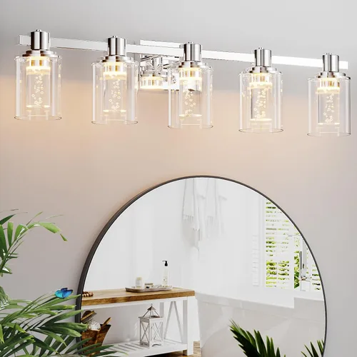 Vista 17 de Quntis Lámparas de baño de níquel cepillado con 5 modos de color, lámpara de tocador de baño moderna regulable de 3 luces sobre espejo, lámpara
