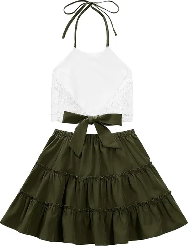 Vista 2 de LYANER Conjunto de 2 piezas para mujer, conjunto de blusa corta con encaje halter y minifalda floral