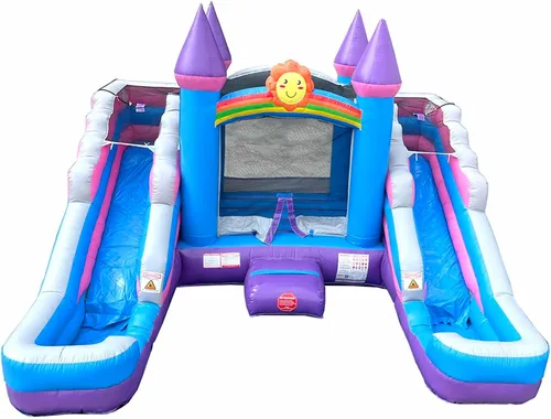 Vista 7 de [Usado] Pogo Bounce House Crossover - Combo de tobogán acuático doble, sin soplador, color morado Rosa