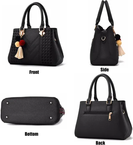 Vista 3 de Bolso de mano de cuero para mujer, bolso de hombro con asa superior, con pompón y borla