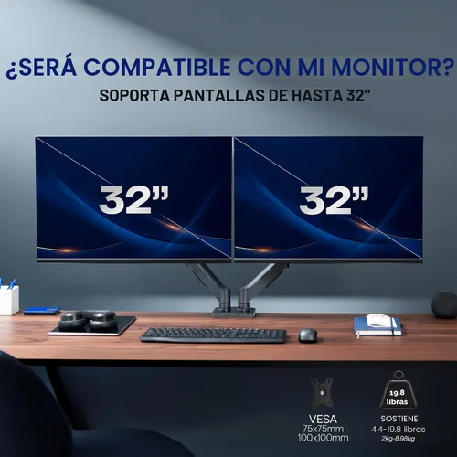 Vista 6 de VIVO Monitor dual de hasta 32 pulgadas y 19.8 libras por pantalla, soporte de escritorio con brazo neumático, contrapeso articulado, soporte VESA