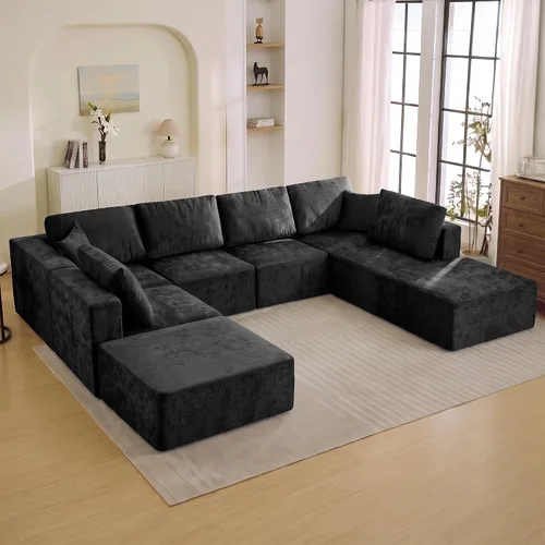 Vista 21 de WUTUTUEE Sofá modular en forma de U de 115 pulgadas, sofá modular modular de 3 plazas con 2 otomanas móviles, sofá cama convertible de pana con Beige