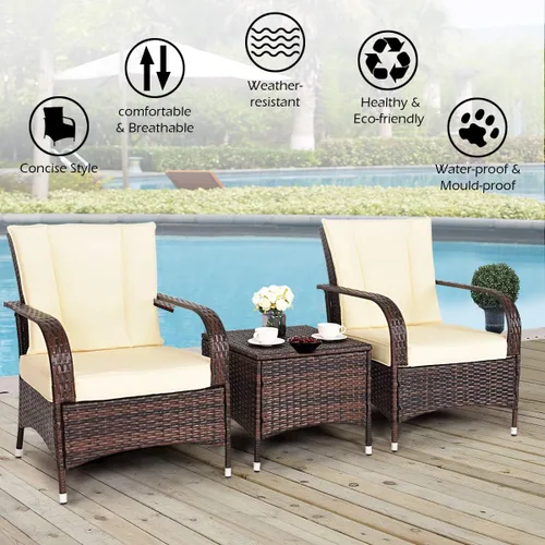 Vista 5 de Tangkula - Juego de muebles de jardín de 3 piezas, 2 sillas de mimbre con mesa de centro con cubierta de cristal, para el jardín, al aire libre