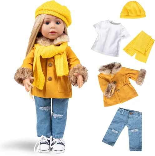 Vista 8 de Rakki Dolli American - Conjunto de ropa para muñeca de 18 pulgadas, set de moda de 5 piezas de abrigo rojo de invierno incluye abrigo cálido