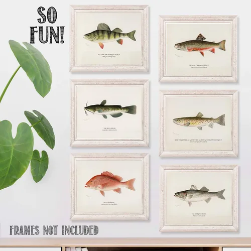 Vista 2 de Pescado - Póster vintage de pesca y playa en el océano, impresión de casa del lago y cabaña, impresión artística educativa, regalo para pescadores