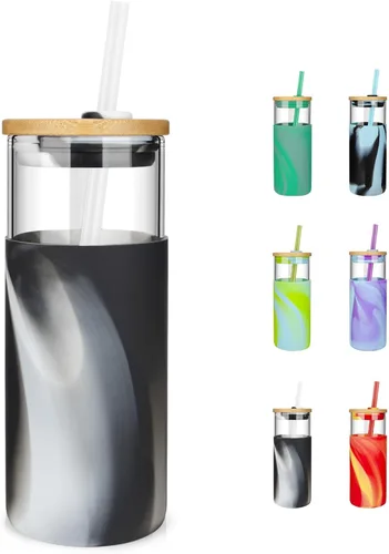 Vista 20 de Tronco Vaso de vidrio de 20 onzas con tapa y popote, taza de café helado y vaso para batido con tapas de bambú y funda protectora de silicona, apto