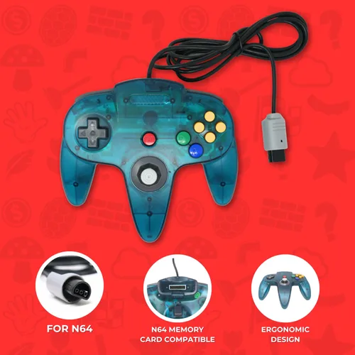 Vista 2 de Old Skool Joystick de mando clásico con cable compatible con Nintendo 64 N64 Game System - Turquesa
