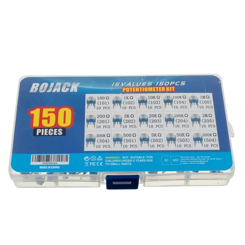 Vista 3 de BOJACK 15 valores 150 piezas 100 ohmios- 2M ohmios Resistencia variable 0.236 in Potenciómetro Surtido Kit packag en una caja de plástico