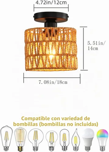 Vista 6 de Lámpara de Techo, Lámpara de Techo de Ratán Tejida a Mano de Montaje Empotrado, Lámparas de Techo Estilo Granja Montaje de Techo Boho para Pasillo