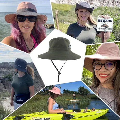 Vista 7 de Sombrero de verano para mujer, ala ancha, protección UV, plegable, para cola de caballo, para playa, pesca, senderismo Verde militar