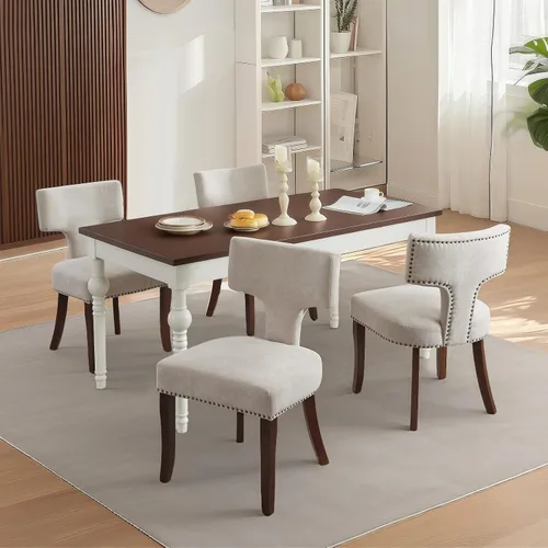 Vista 3 de SoarFlash Juego de 2 sillas de comedor modernas de madera, silla tapizada de tela de lino de granja, respaldo curvado con clavos de cobre alrededor