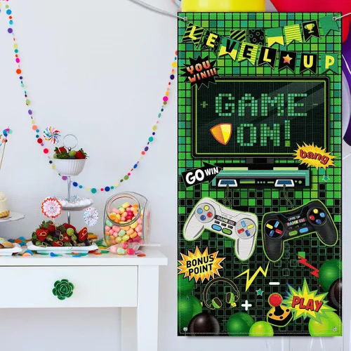 Vista 6 de Blulu Juego en telón de fondo de video juego para niños, decoración de fiesta de cumpleaños, juegos de decoración de 72 x 36 pies, neón
