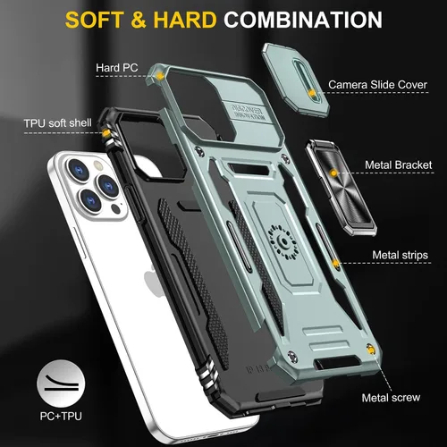 Vista 6 de Funda para iPhone 12 Pro Max con cubierta deslizante para cámara, con soporte para anillo de dedo, soporte magnético para automóvil, para iPhone 12