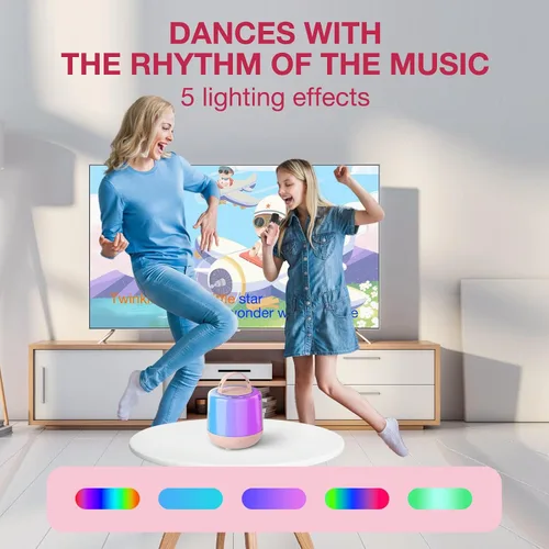Vista 5 de Máquina de karaoke para niños, altavoz Bluetooth portátil con micrófono inalámbrico y luces LED, efectos de voz mágicos, para niñas, fiesta en casa