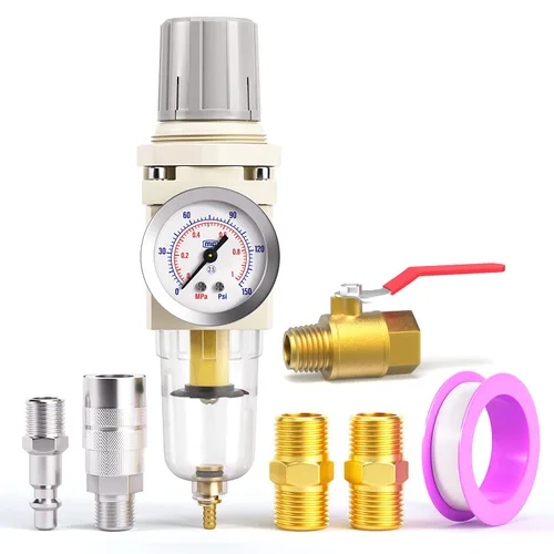 Vista 15 de TAILONZ PNEUMATIC Regulador de presión de filtro de aire de drenaje automático NPT de 1/2 pulgada Combo Piggyback, filtro compresor de herramienta