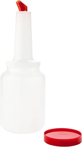 Vista 2 de Restaurantware Bar Juice Pour Bottle - 1 paquete - Bar Lux - Botella de plástico de 2 cuartos de galón con boquilla y tapa cónica roja, codificada