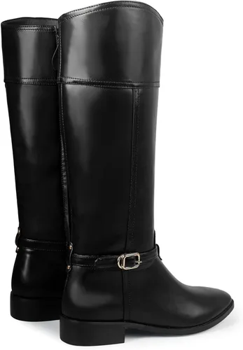 Vista 4 de Ouepiano Botas de equitación altas hasta la rodilla para mujer, punta redonda, cremallera lateral, hebilla de metal, botas de invierno de moda