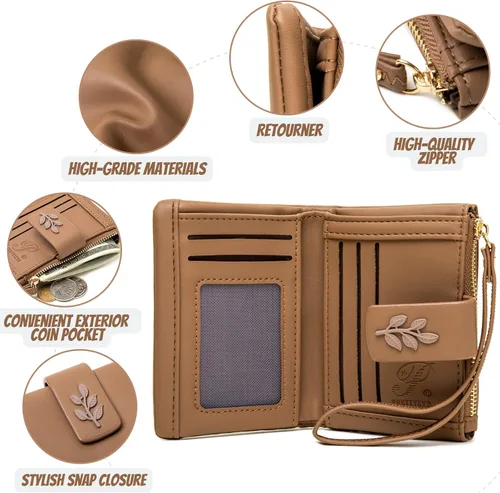 Vista 4 de Cartera pequeña y compacta de piel sintética para mujer, con bloqueo Rfid, con bolsillo, con correa para muñeca, color negro, Café