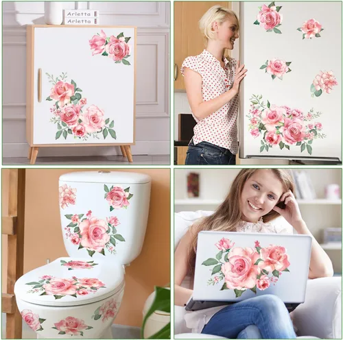 Vista 6 de Calcomanías de pared de flores rosas y hojas verdes, calcomanías de pared extraíbles para jardín para dormitorio y sala de estar