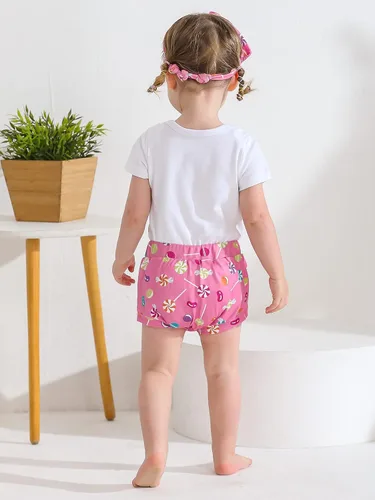 Vista 4 de ESHOO Conjunto de mameluco para bebé niña con estampado de caramelo, pantalones acampanados, diadema