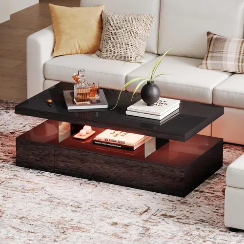 Vista 7 de ChooChoo Mesa de centro LED moderna, mesa central de alto brillo con cajón, mesa de centro negra con almacenamiento para sala de estar, dormitorio