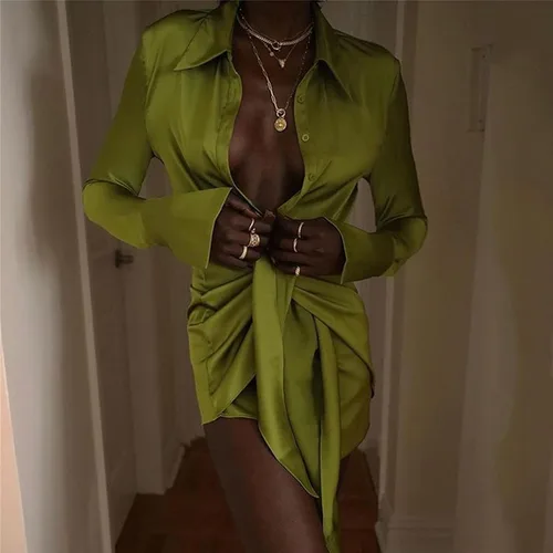 Vista 6 de Argeousgor Vestido corto de manga larga con cuello en V para mujer vestido corto con botones vestido liso elegante para fiesta club