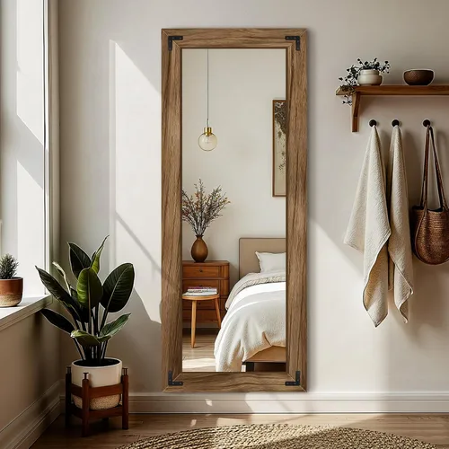 Vista 3 de FICTOR Espejo de Cuerpo Entero de Madera, Marco de Madera Maciza de 55"x22" Espejo de Piso, para Casa de Campo, Dormitorio, Sala de Estar