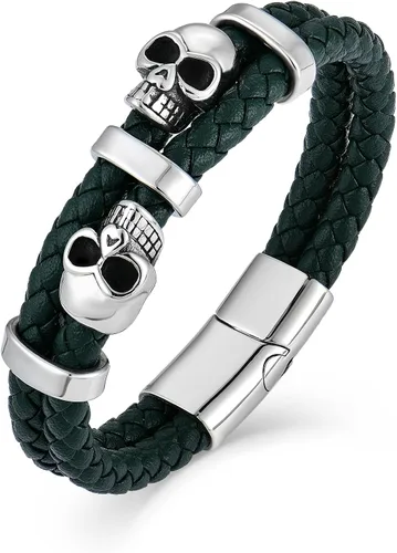 Vista 9 de Pulsera de Cuero de Doble Fila con Calavera para Hombre, Pulsera Trenzada con Calavera Negra o Plateada para Hombre, Joyería Punk Masculina