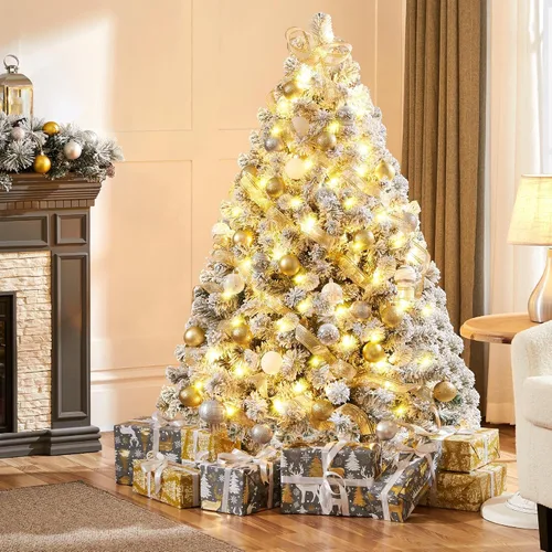 Vista 5 de Yaheetech Árbol de Navidad artificial de abeto preiluminado de 4.5 pies, flocado con nieve, con bisagras, con 100 luces LED multicolor y 340 puntas