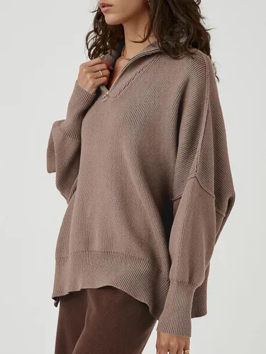 Vista 4 de LOGENE Sudadera de manga larga con cremallera de 1/4 para mujer, suéteres de punto de gran tamaño con abertura lateral, Marrón