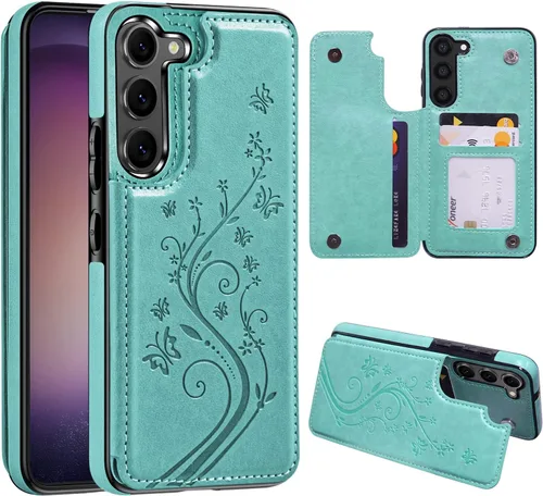 Vista 13 de Korecase - Funda tipo cartera para Samsung Galaxy S23 con tarjetero y tarjetero de piel sintética, diseño de mariposas y flores, color azul