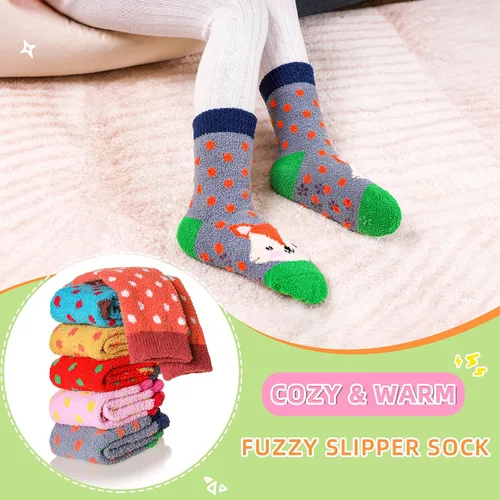 Vista 3 de 6 pares de calcetines antideslizantes para bebés y niñas, calcetines cálidos con agarres para niños pequeños, de lana gruesa y suave, para invierno
