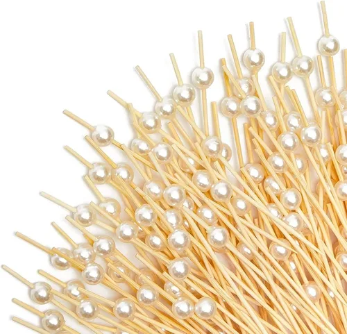 Vista 6 de Okuna Outpost Palillos de dientes para aperitivos, 4.7 pulgadas, perla blanca, 150 unidades, brochetas de bambú para selecciones de cóctel