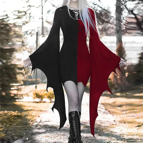 Vista 2 de AITEQY Vestido de bruja gótica de bloque de color para mujer, manga de mariposa, vestido ajustado con cuello en V, vestido sexy para Halloween