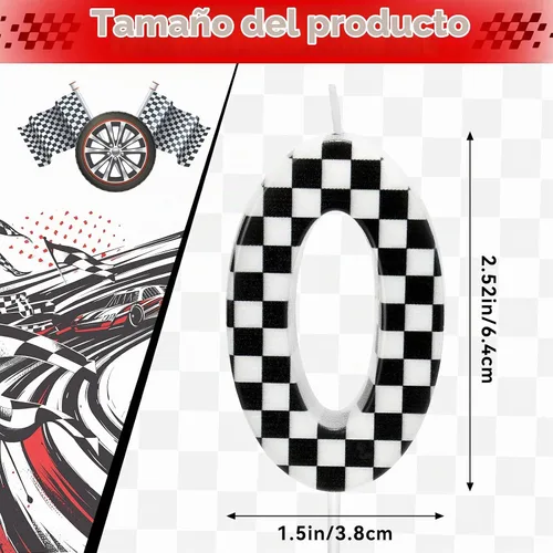 Vista 2 de Velas temáticas de autos de carreras para cumpleaños, velas numeradas número 0 a cuadros, decoración de pastel a cuadros en blanco y negro, adorno