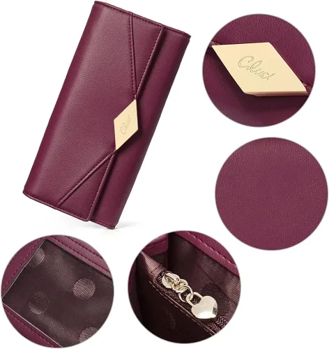 Vista 5 de Cartera de cuero suave para mujer, con tres pliegues y organizador de tarjetas