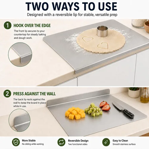 Vista 4 de Tabla de cortar de acero inoxidable con labio, tabla de cortar de metal de 15 x 11 pulgadas para encimera de cocina, tabla de preparación