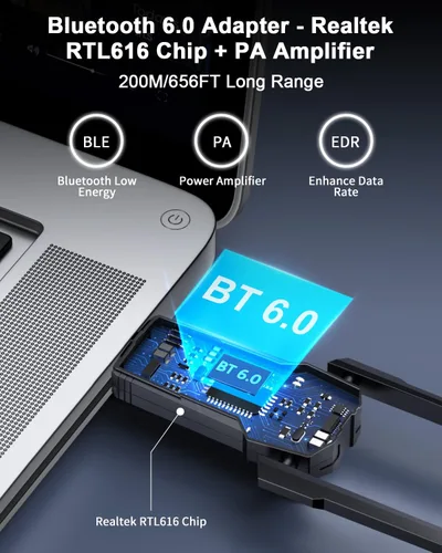 Vista 2 de ZEXMTE Adaptador Bluetooth 6.0 para PC, receptor transmisor Bluetooth USB de doble antena Plug & Play, largo alcance de 656.2 ft/656 pies, chip