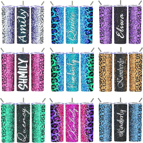 Vista 2 de Vasos personalizados con estampado de leopardo con tapas y pajitas, vasos delgados personalizados de 20 onzas con nombres para mujeres y hombres