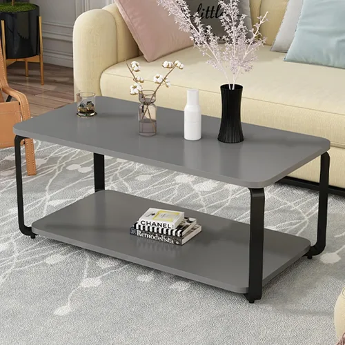 Vista 9 de YVYKFZD Mesa auxiliar de madera, mesa central de 2 niveles con patas de metal, mesa de té rectangular para sala de estar, mesa auxiliar de cóctel