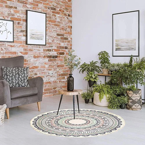Vista 2 de LIULA Alfombra redonda de algodón tejida con borlas, alfombra lavable para sala de estar, dormitorio, cocina, baño, 3 pies, estilo bohemio